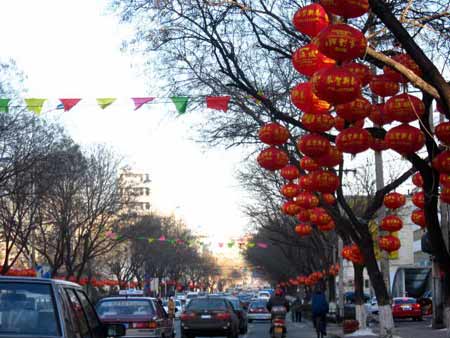 煙臺街頭掛起大紅燈籠年味越來越濃