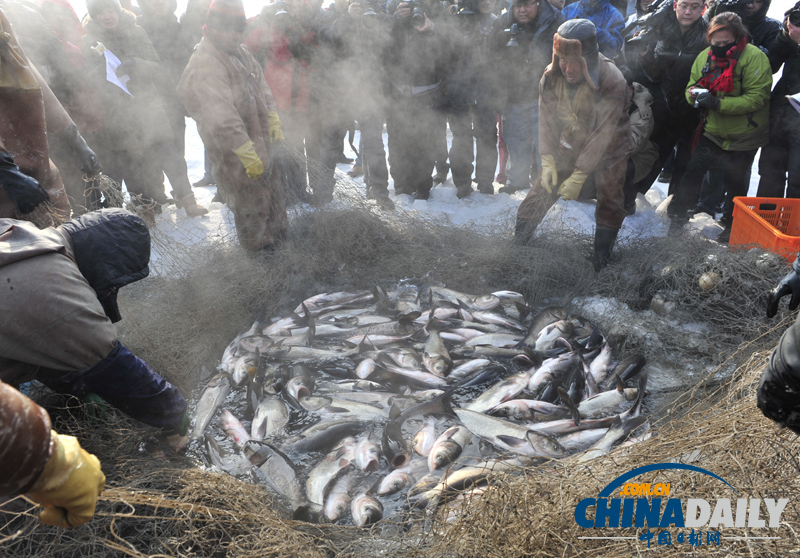 沈陽棋盤山首屆冬捕節開網捕魚