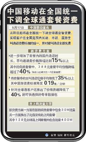 中國移動(dòng)在全國統(tǒng)一下調(diào)全球通套餐資費(fèi)