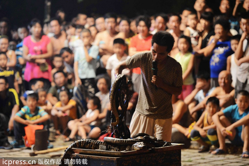 江湖雜技團借演出賣“靈藥” 稱“靈藥”中浸泡鱷魚、毒蛇等藥材