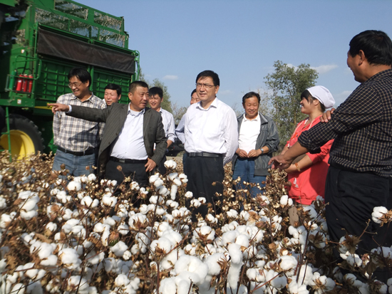 第七師一二五團(tuán)機(jī)采棉采收拉開帷幕 兵團(tuán)副司令孔星隆親臨現(xiàn)場(chǎng)