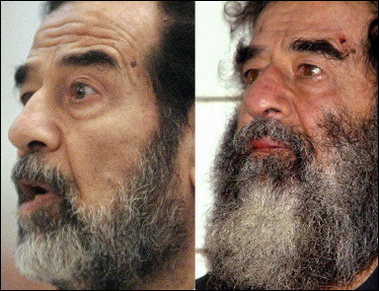 Former Iraqi 
 president Saddam Hussein, pictured at his trial this month (L) and shortly after his capture, has for the first time recounted the moment of his capture two years ago in an 'interview' conducted via his lawyer, British newspaper The Sun said(AFP/File)