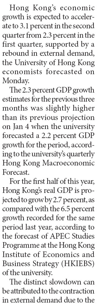 Hong Kong's Q2 economic growth tipped to rise: HKU
