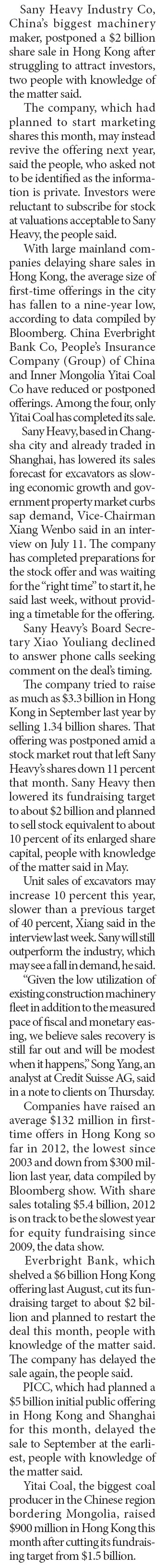 Sany Heavy to delay $2b offering