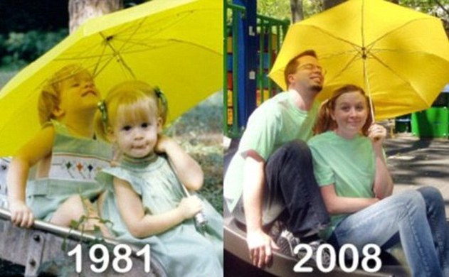 今昔對比“穿越”照:多年后愛依然濃、姿勢依然“銷魂”