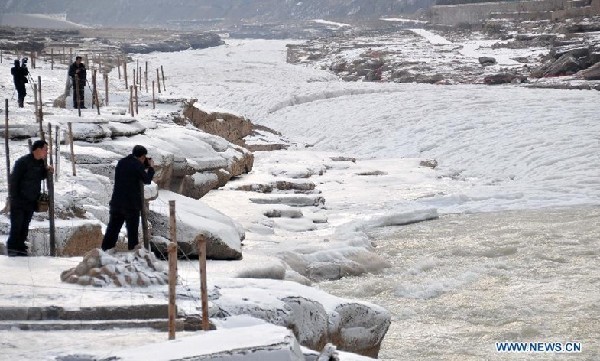 Winter scenery of Hukou Waterfall in N China