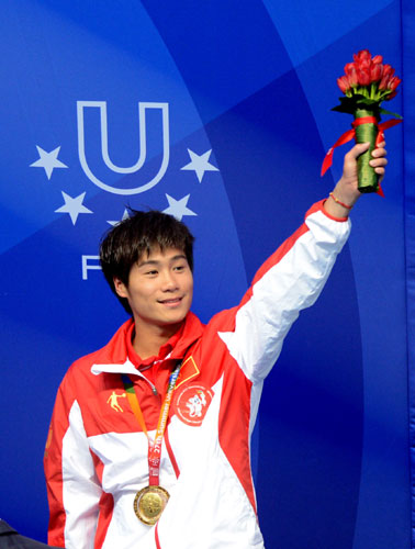 Beijing 2008 Olympic champion Huo Liang wins the men's 10-meter platform at the Kazan Universiade in Kazan, Russia, July 10, 2013. Chinese divers back to winning track at Universiade
