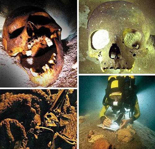 沉船遺骸 探秘不為人知的海底墳?zāi)?/></p>

<p>　　上圖中這個(gè)恐怖的骷髏頭是海底考古學(xué)家在墨西哥附近海域，發(fā)現(xiàn)的被瑪雅人當(dāng)做祭品處死的人類(lèi)遺骸，與它一起被發(fā)現(xiàn)的還有另外18具人類(lèi)骸骨。左下角這張圖片中，一具幾乎完整的人類(lèi)尸骨被發(fā)現(xiàn)躺在一艘沉船船頭附近的錨上。這艘船是La Belle號(hào)，于1686年在得克薩斯州附近海域沉沒(méi)。右下角是一具在墨西哥海底洞穴中發(fā)現(xiàn)的女性骷髏，她生活在距今1.36萬(wàn)年前，是在美洲發(fā)現(xiàn)的年代最為久遠(yuǎn)的人類(lèi)尸骨。</p>
</p>
</div>
</div>

<div   class=