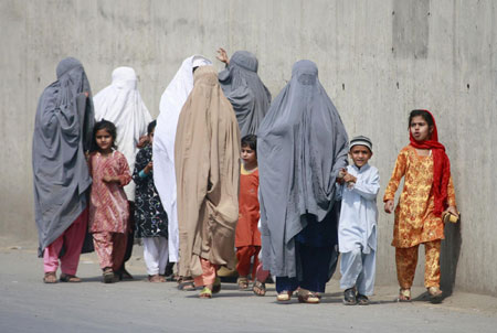 Displaced people at a repatriation centre in Pakistan